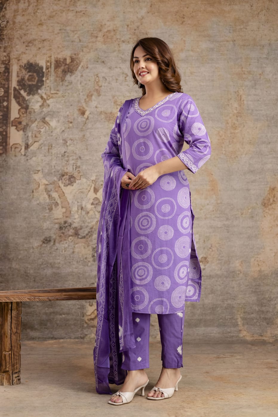 Purple Pure Cotton Suit Set with White Shibori Print