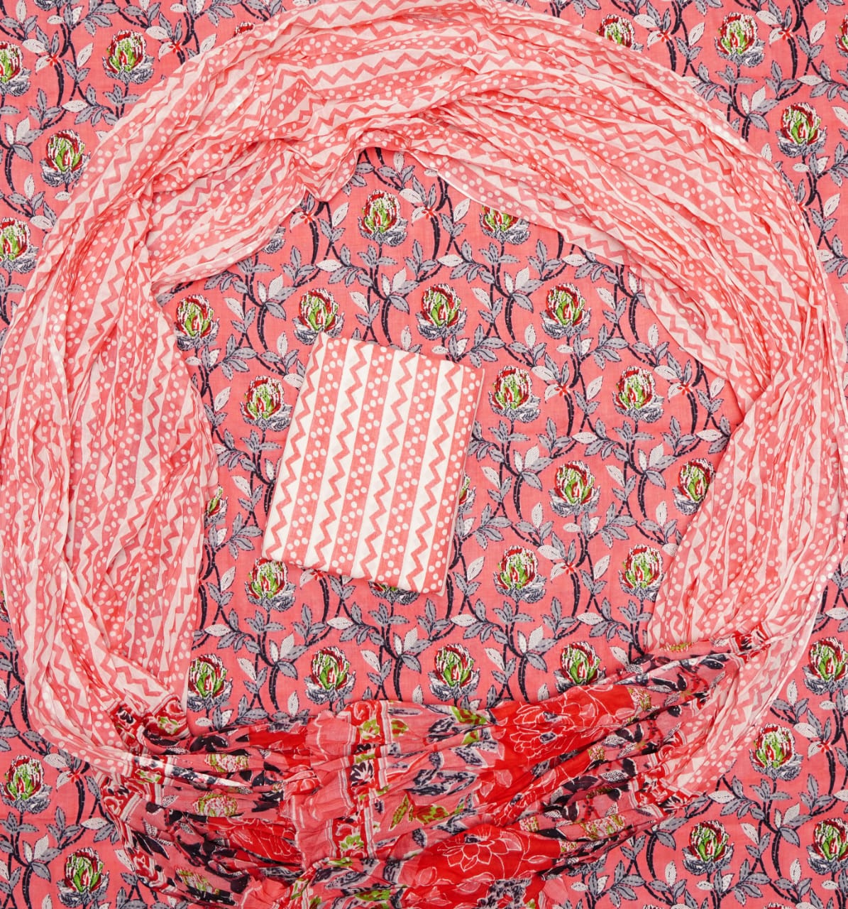 Sanganeri Floral Printed Cotton Suit Set | Jaipur Hand Block Unstitched Dress Material for Women | with Mal-Mal Cotton Dupatta