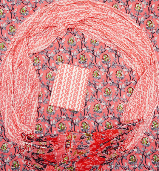 Sanganeri Floral Printed Cotton Suit Set | Jaipur Hand Block Unstitched Dress Material for Women | with Mal-Mal Cotton Dupatta