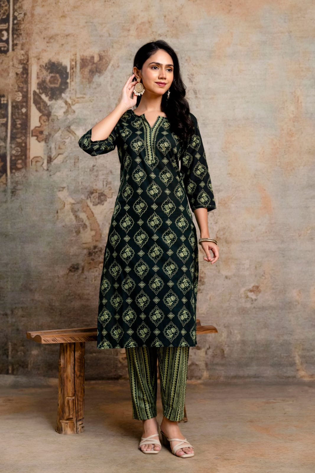 Olive Green Printed Cotton Kurta Set, Contrasting Striped Pants with Detailed Border Dupatta