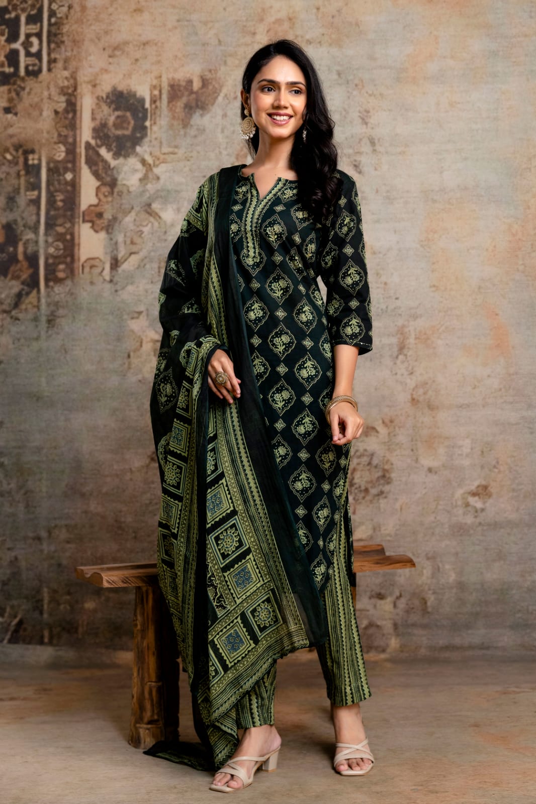 Olive Green Printed Cotton Kurta Set, Contrasting Striped Pants with Detailed Border Dupatta