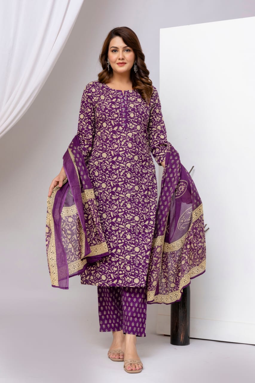 Olive Green Block Print Pure Cotton Suit Set with Border Dupatta