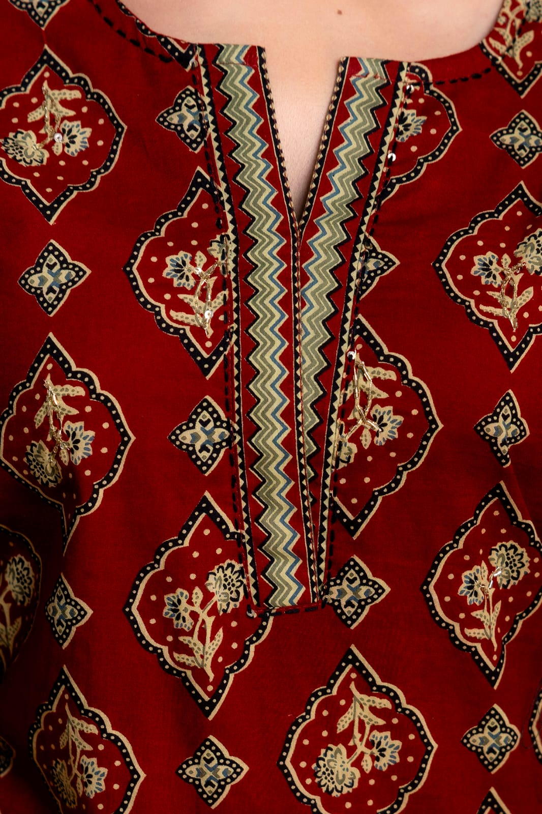 Olive Green Printed Cotton Kurta Set, Contrasting Striped Pants with Detailed Border Dupatta