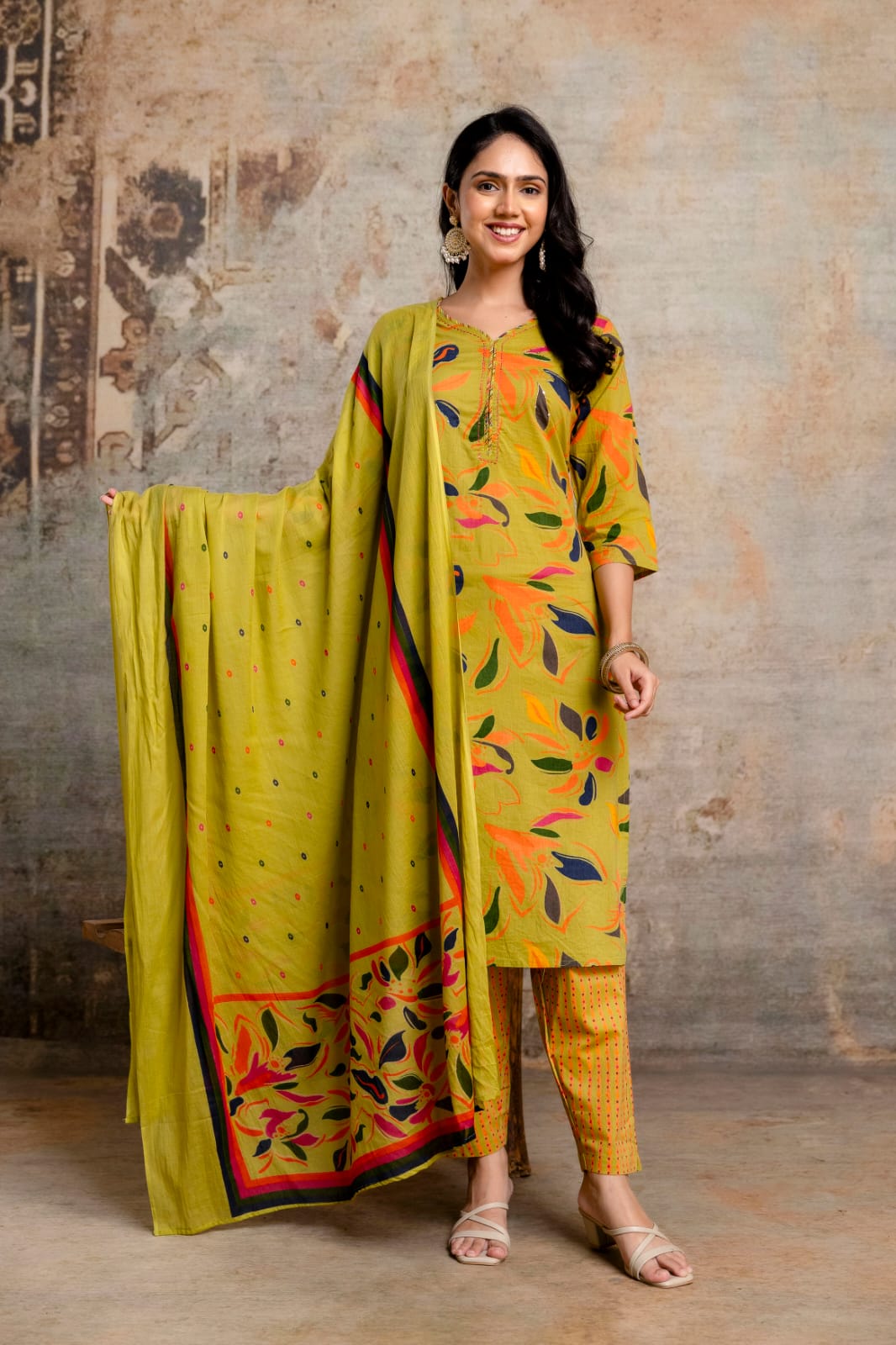 Lime Green Printed Cotton Kurta Set with Striped Pants & Dupatta