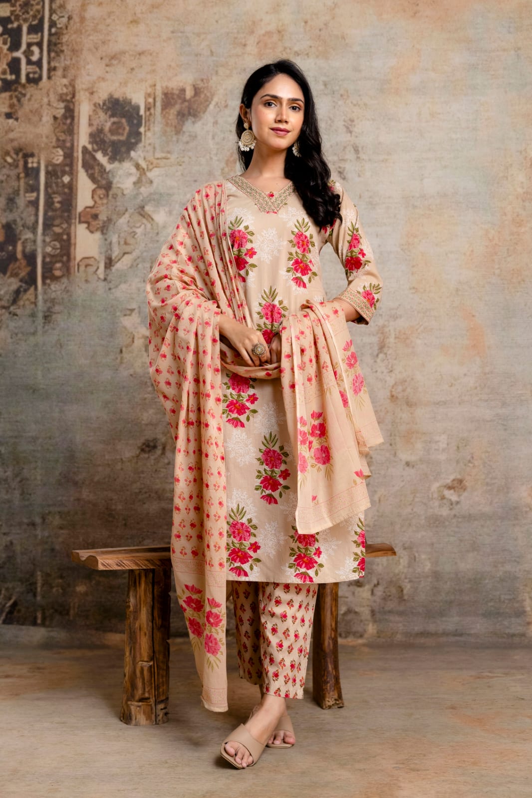 Beige Pure Cotton Suit Set with Pink Floral Block Print