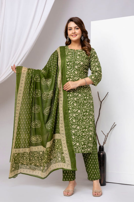 Olive Green Block Print Pure Cotton Suit Set with Border Dupatta