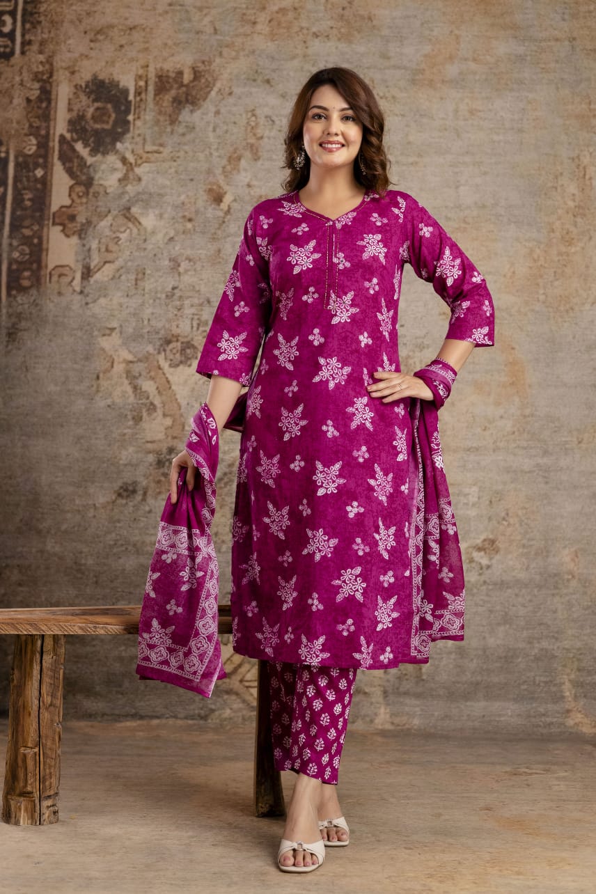 Indigo Blue Pure Cotton Suit Set with White Block Print & Dupatta