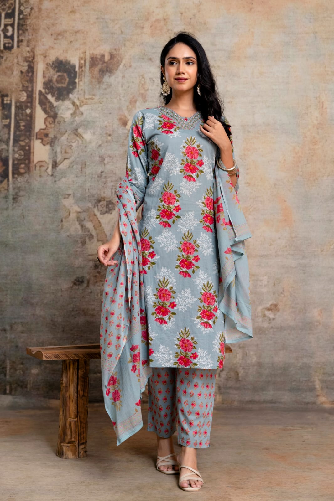 Beige Pure Cotton Suit Set with Pink Floral Block Print