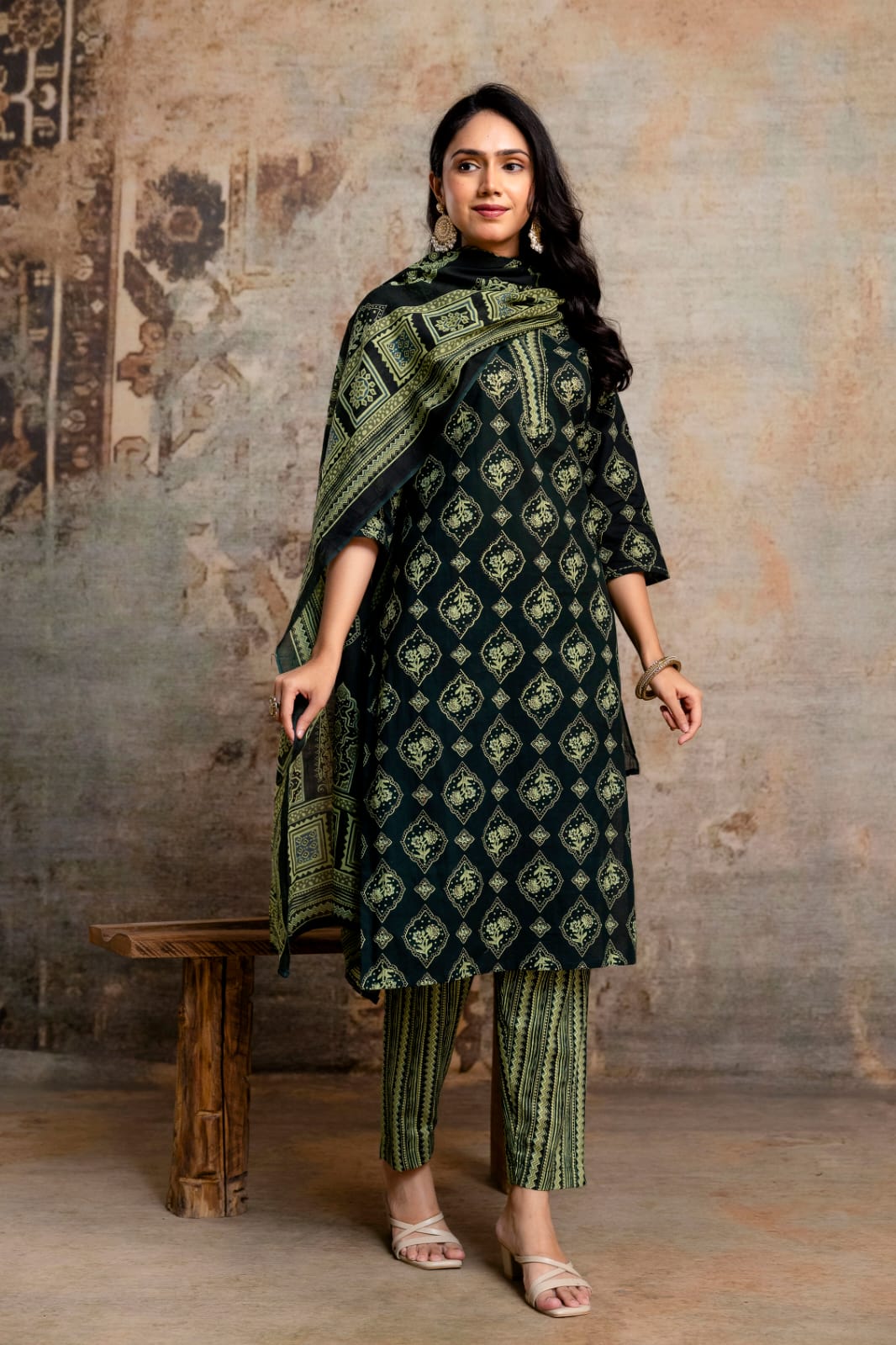 Olive Green Printed Cotton Kurta Set, Contrasting Striped Pants with Detailed Border Dupatta