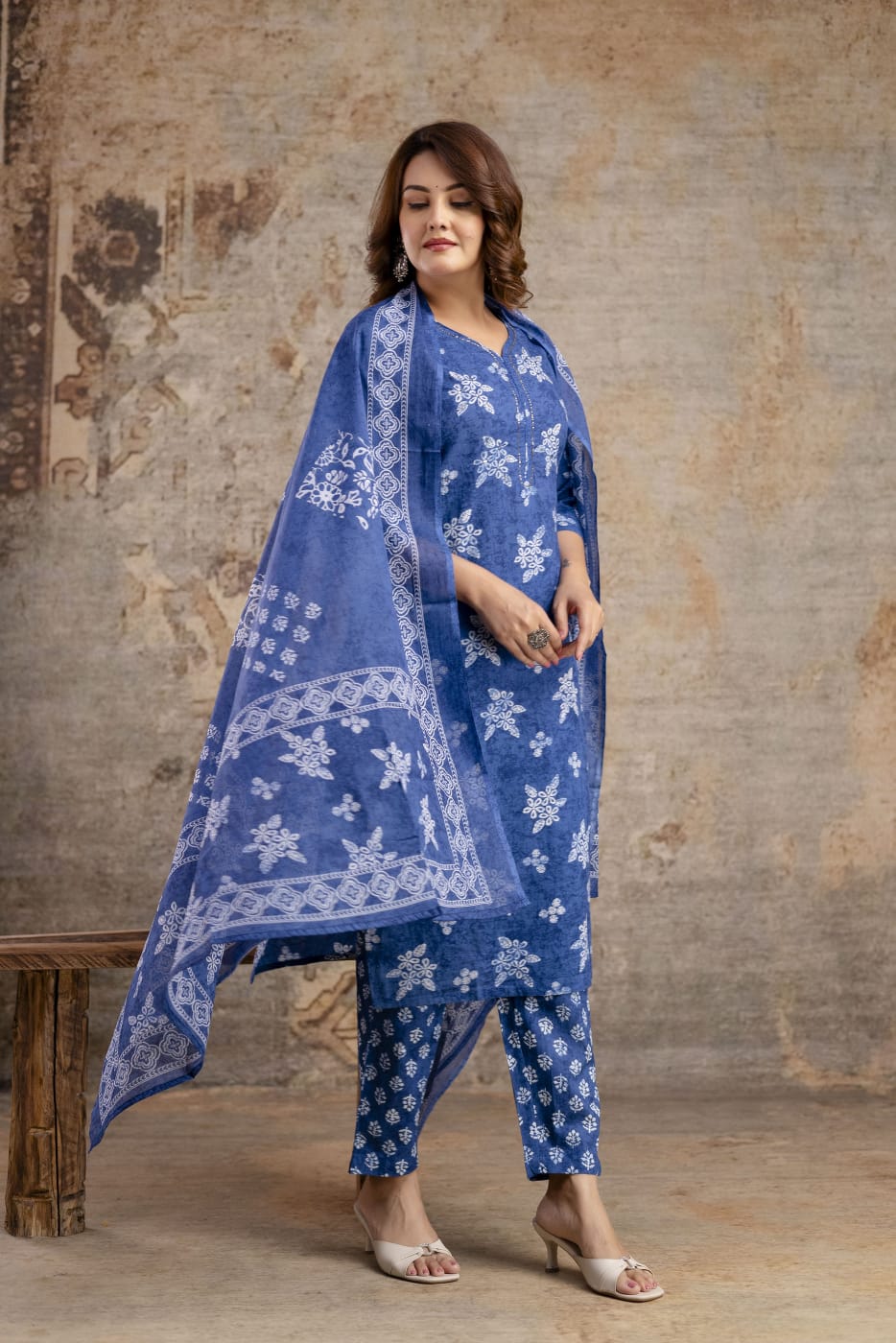 Indigo Blue Pure Cotton Suit Set with White Block Print & Dupatta