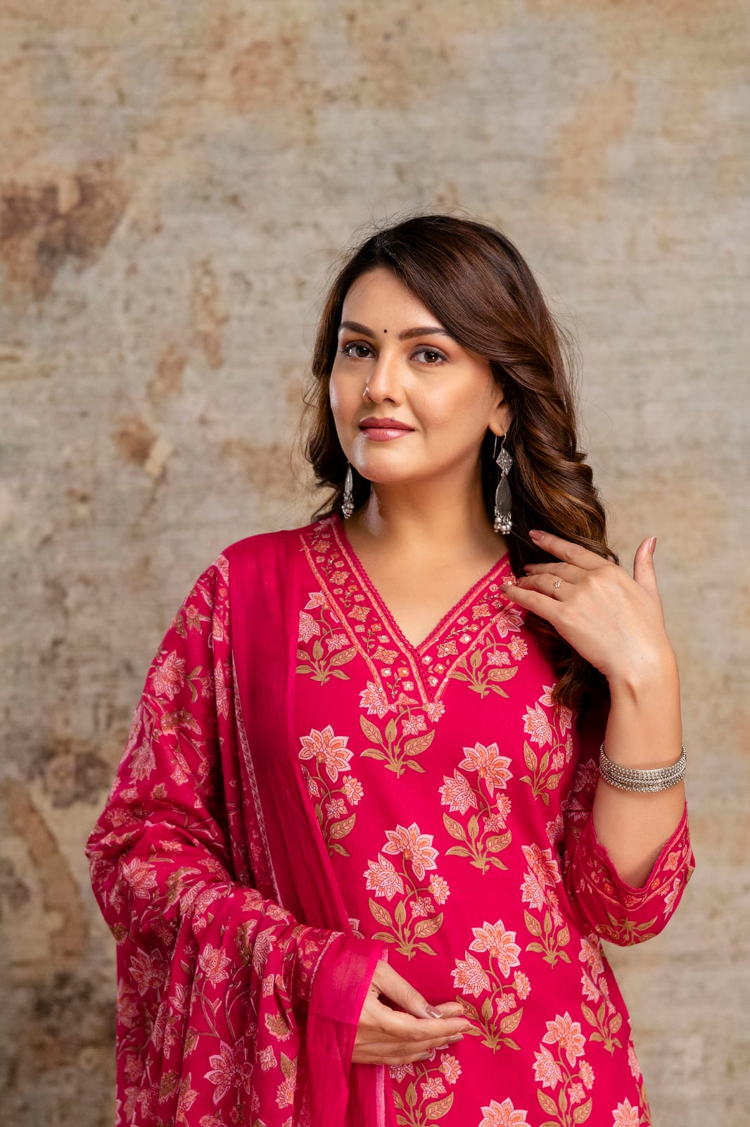 Women's Pink Sanganeri Handblock Cotton Suit Set with Printed Dupatta