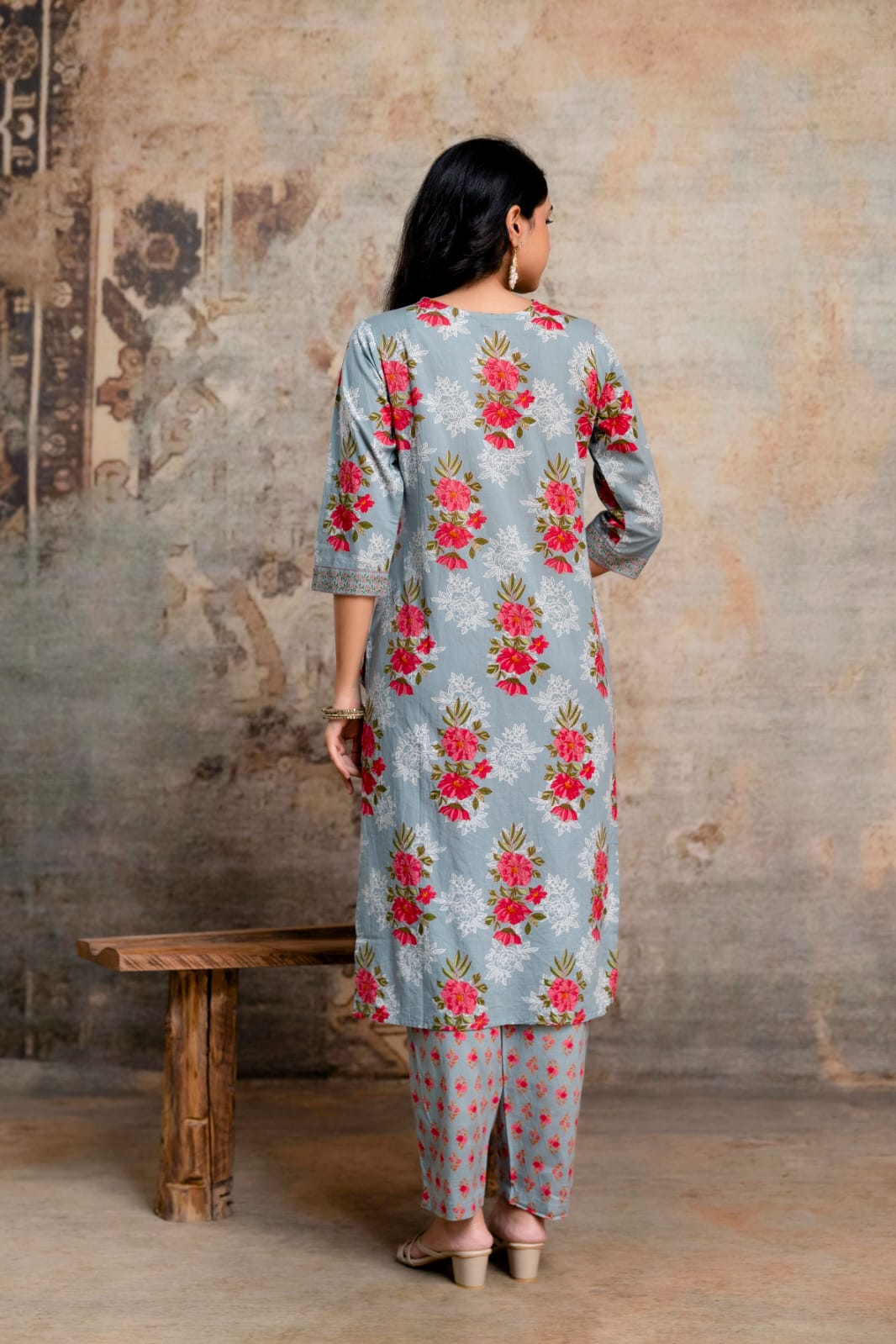 Beige Pure Cotton Suit Set with Pink Floral Block Print