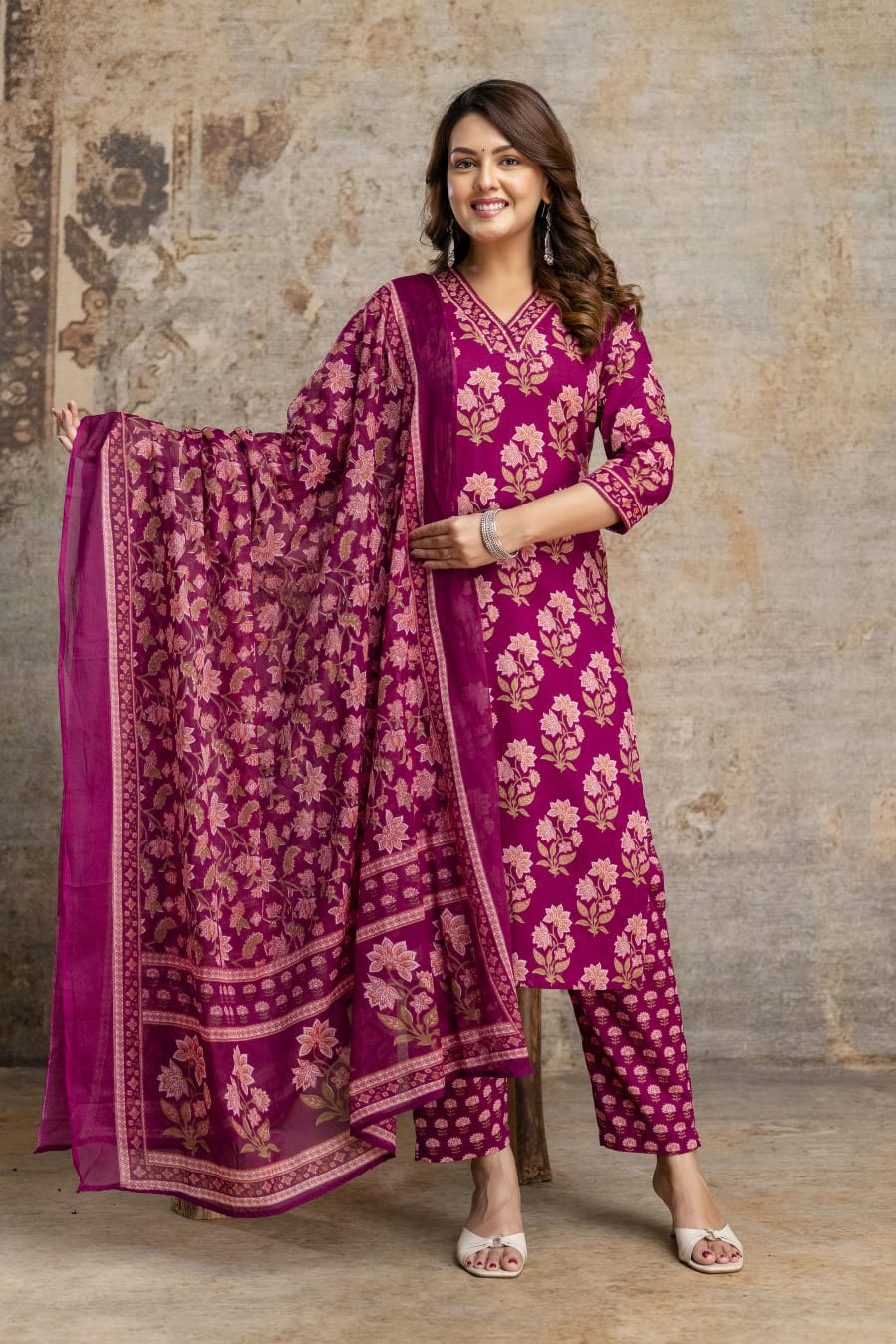 Women's Pink Sanganeri Handblock Cotton Suit Set with Printed Dupatta