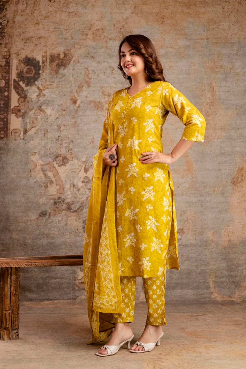 Indigo Blue Pure Cotton Suit Set with White Block Print & Dupatta