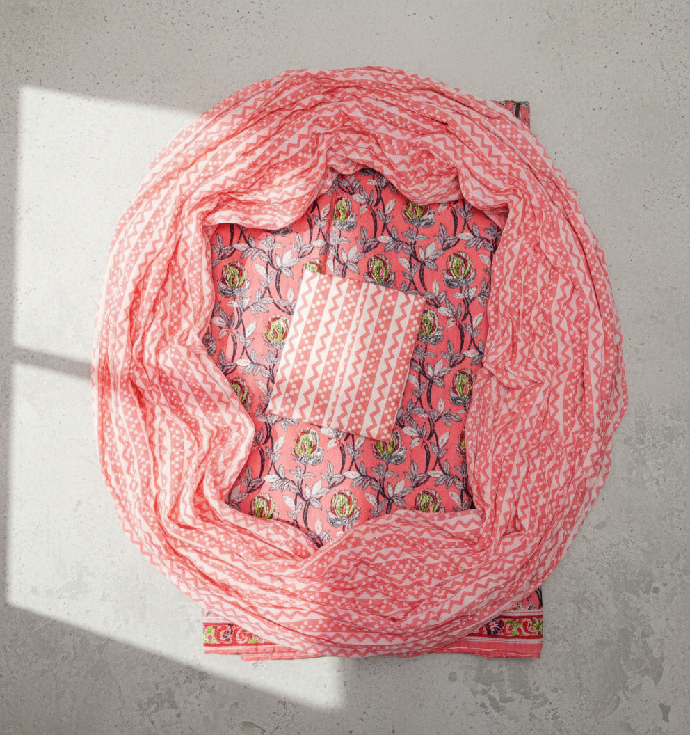 Sanganeri Floral Printed Cotton Suit Set | Jaipur Hand Block Unstitched Dress Material for Women | with Mal-Mal Cotton Dupatta