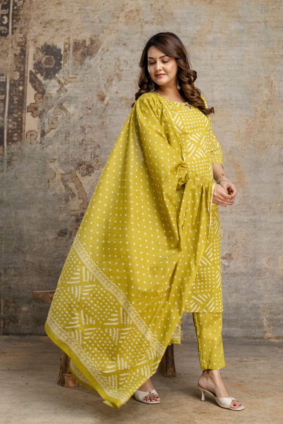 Women's Mustard Bandhani Cotton Kurta with Printed Pant – Daily & Office Wear Suit Set