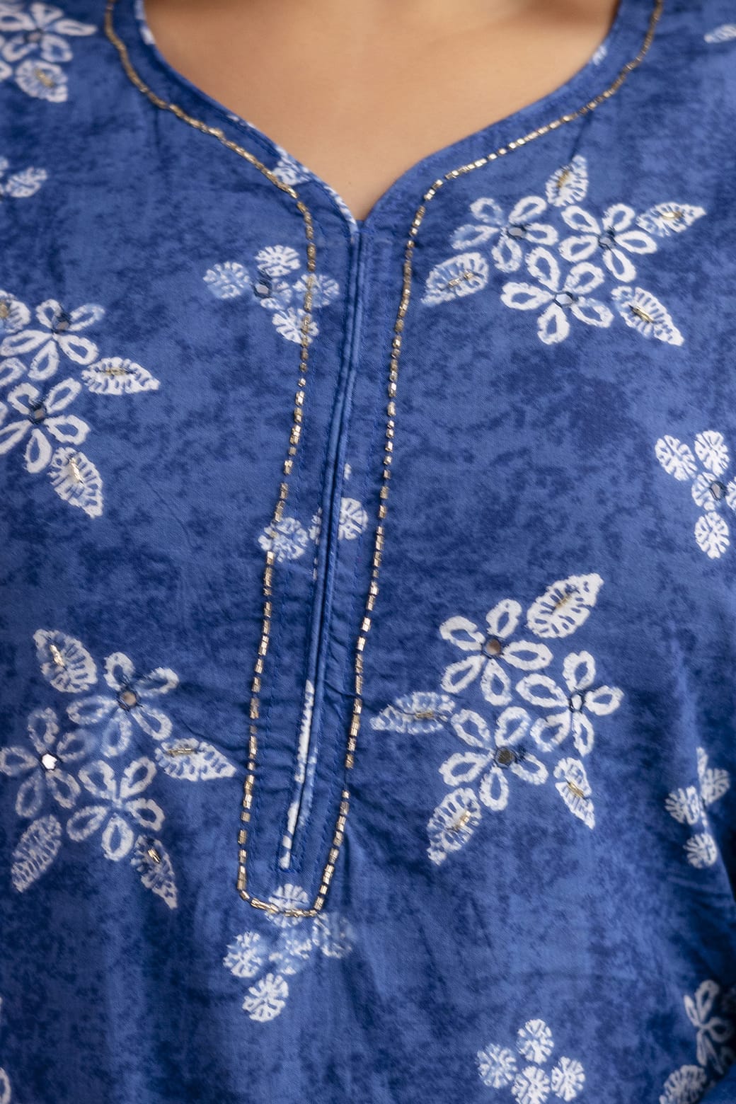 Indigo Blue Pure Cotton Suit Set with White Block Print & Dupatta