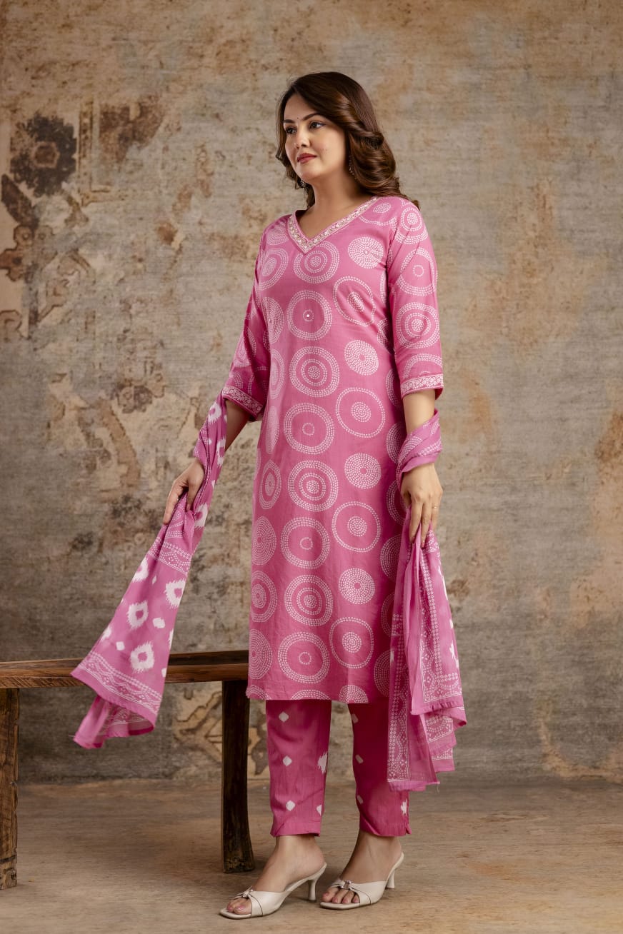 Purple Pure Cotton Suit Set with White Shibori Print