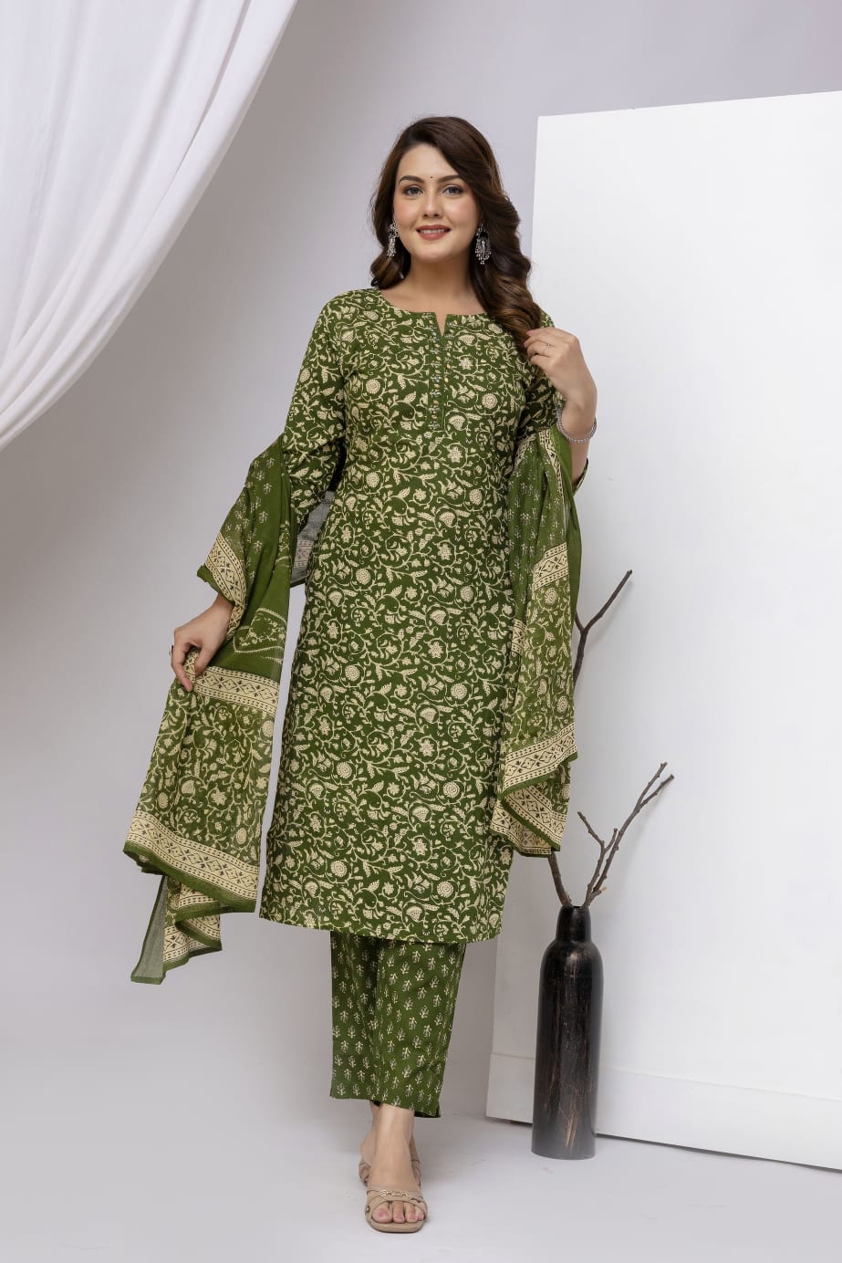 Olive Green Block Print Pure Cotton Suit Set with Border Dupatta
