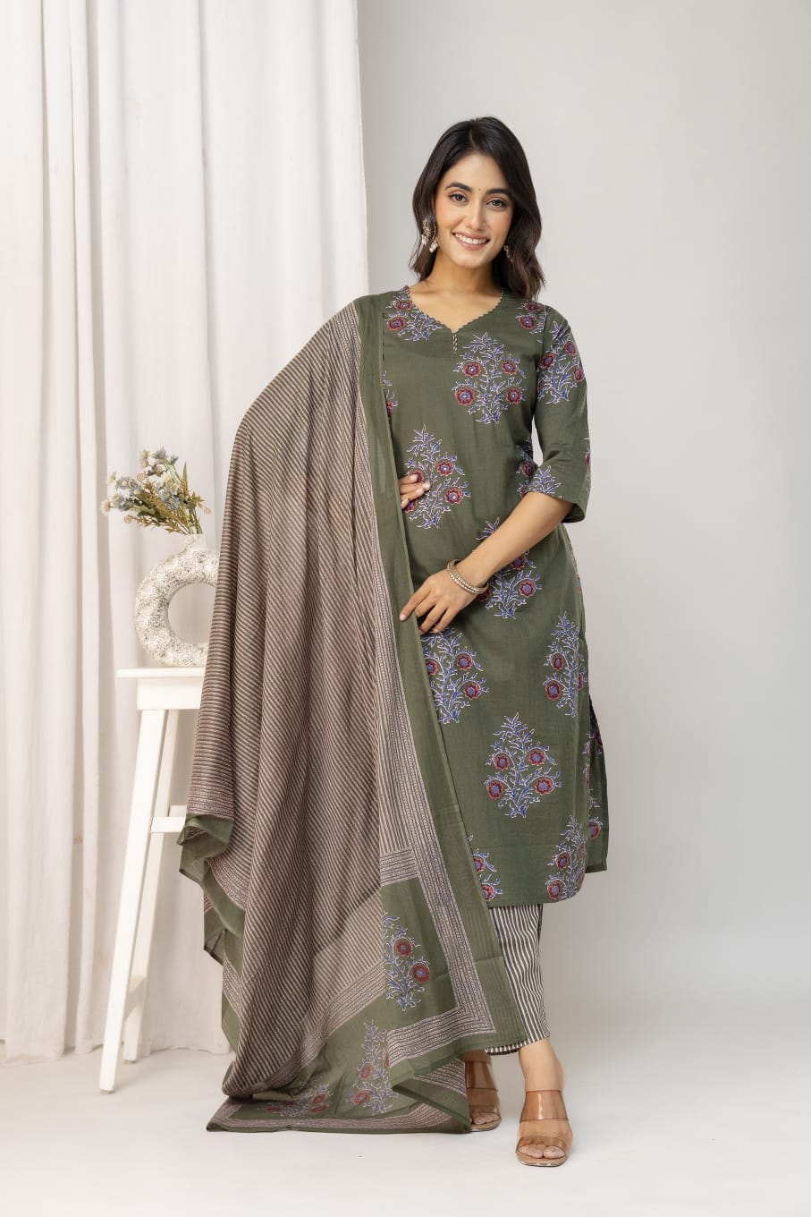Olive Green Floral Printed Cotton Suit Set with Dupatta
