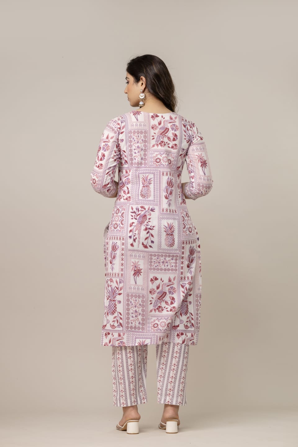 Muted Pink & White Hand-Block Printed Cotton Suit Set with Dupatta