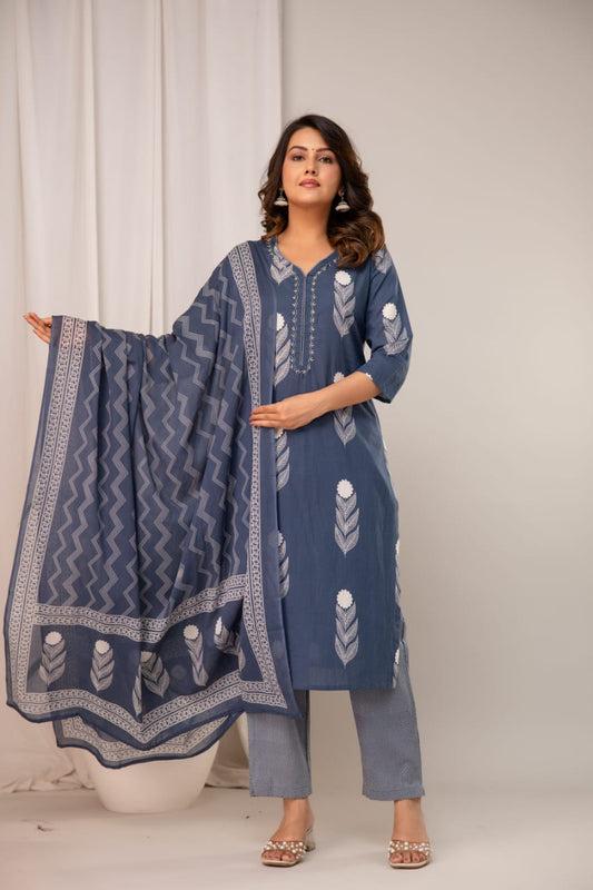 Slate Blue Pure Cotton Suit Set with White Leaf Print & Zigzag Dupatta