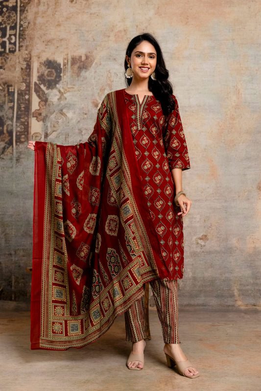 Maroon Red & Olive Green Printed Cotton Kurta Set, Contrasting Striped Pants with Detailed Border Dupatta