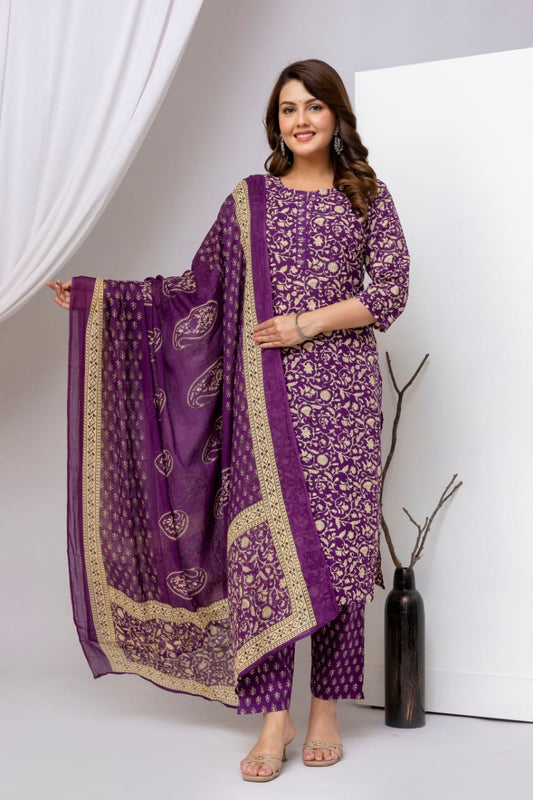 Royal Purple Block Print Pure Cotton Suit Set with Border Dupatta