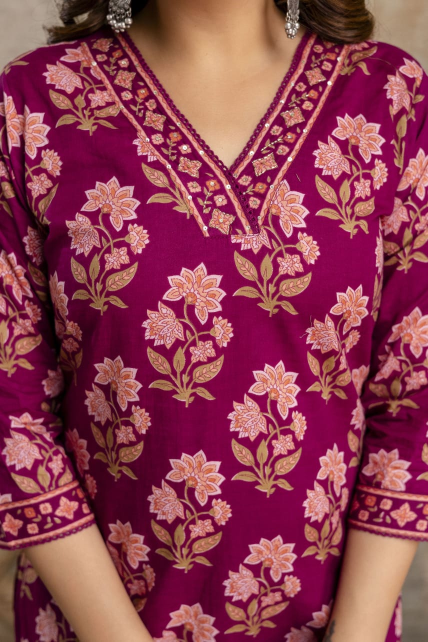 Women's Pink Sanganeri Handblock Cotton Suit Set with Printed Dupatta