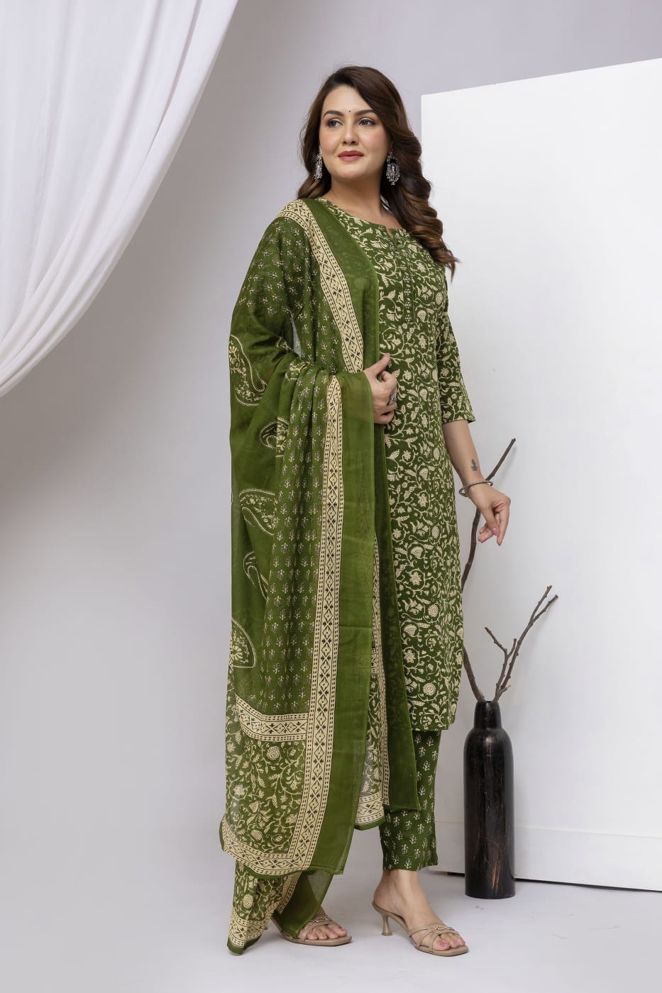 Olive Green Block Print Pure Cotton Suit Set with Border Dupatta