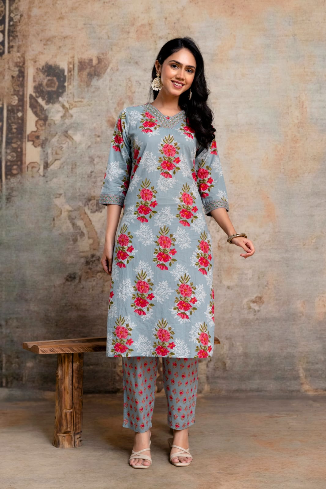 Beige Pure Cotton Suit Set with Pink Floral Block Print