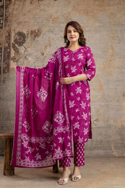 Meganta Pink Pure Cotton Suit Set with White Block Print & Dupatta