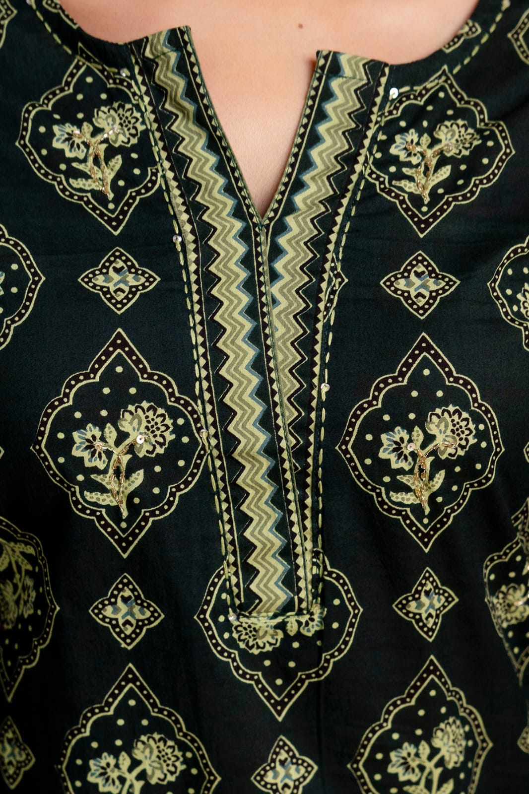 Olive Green Printed Cotton Kurta Set, Contrasting Striped Pants with Detailed Border Dupatta