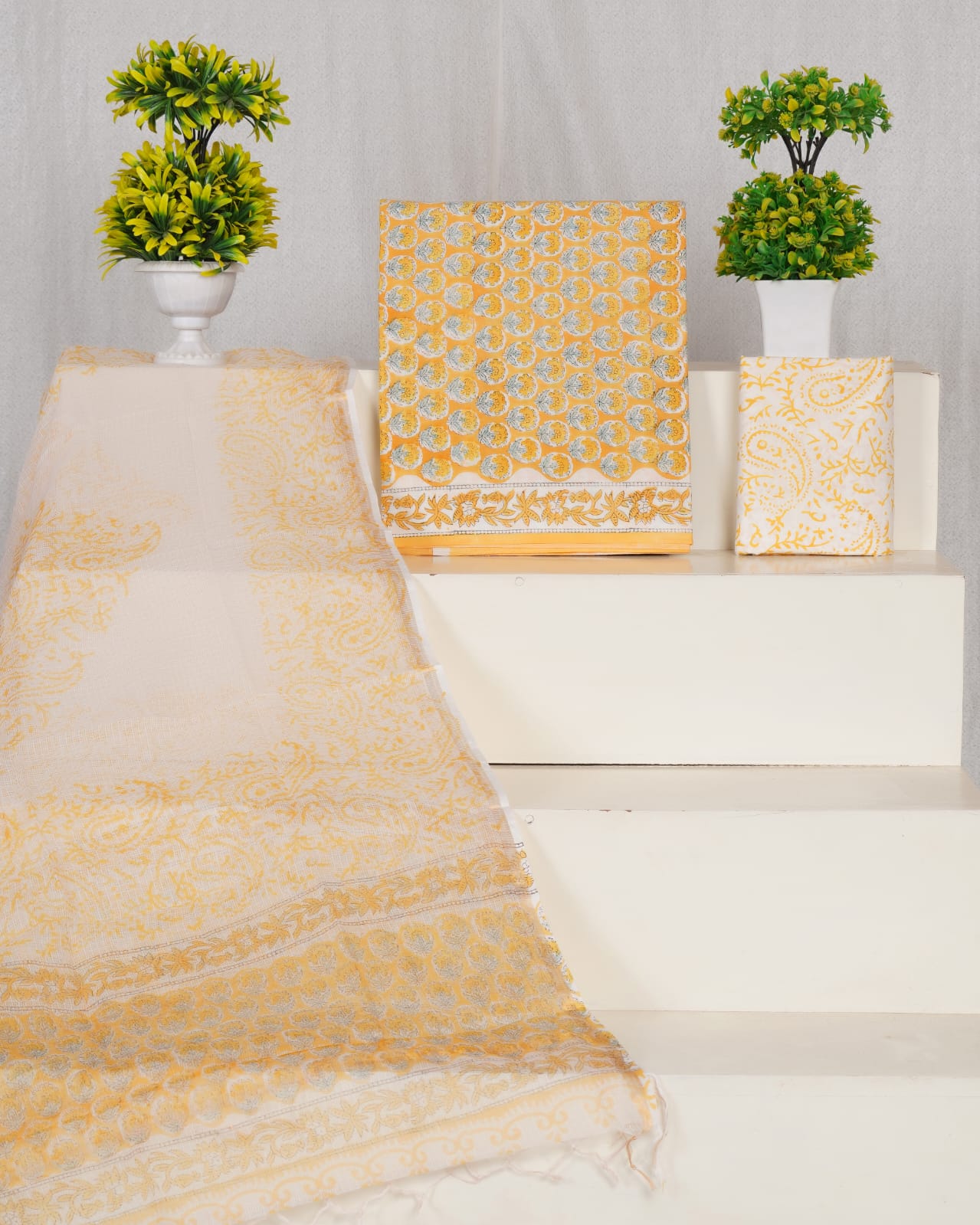 Elegant Aqua Floral Handblock Cotton Suit Set - Kota Doriya Dupatta with Zari Border