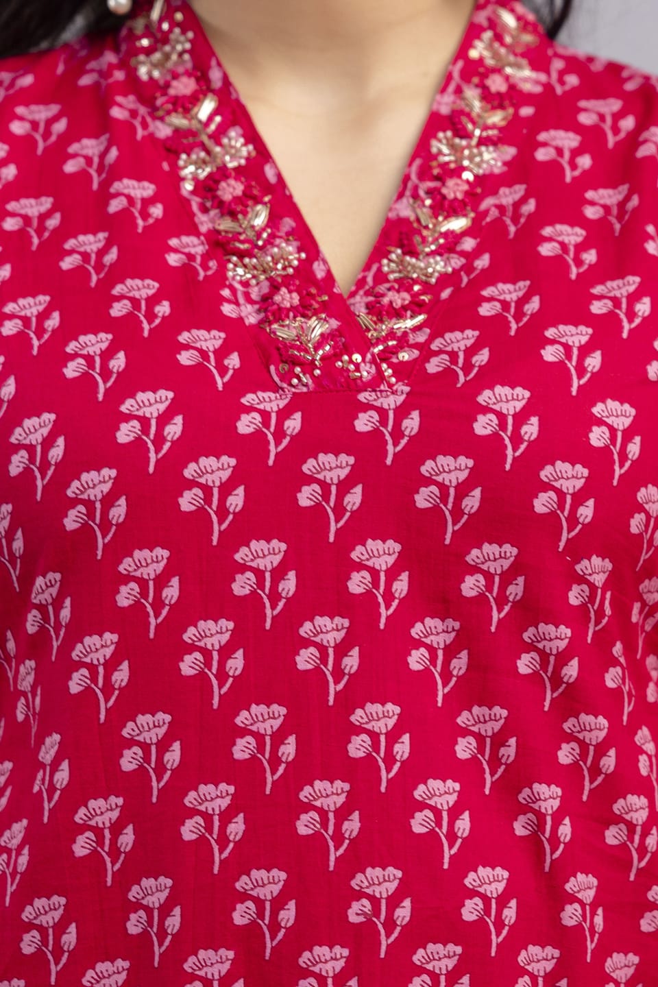 Elegant Red Sanganeri Handblock Printed Cotton Kurta Set with Dupatta