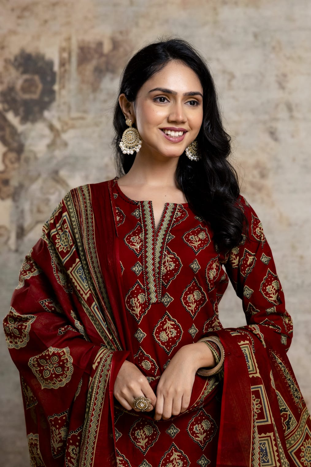 Olive Green Printed Cotton Kurta Set, Contrasting Striped Pants with Detailed Border Dupatta