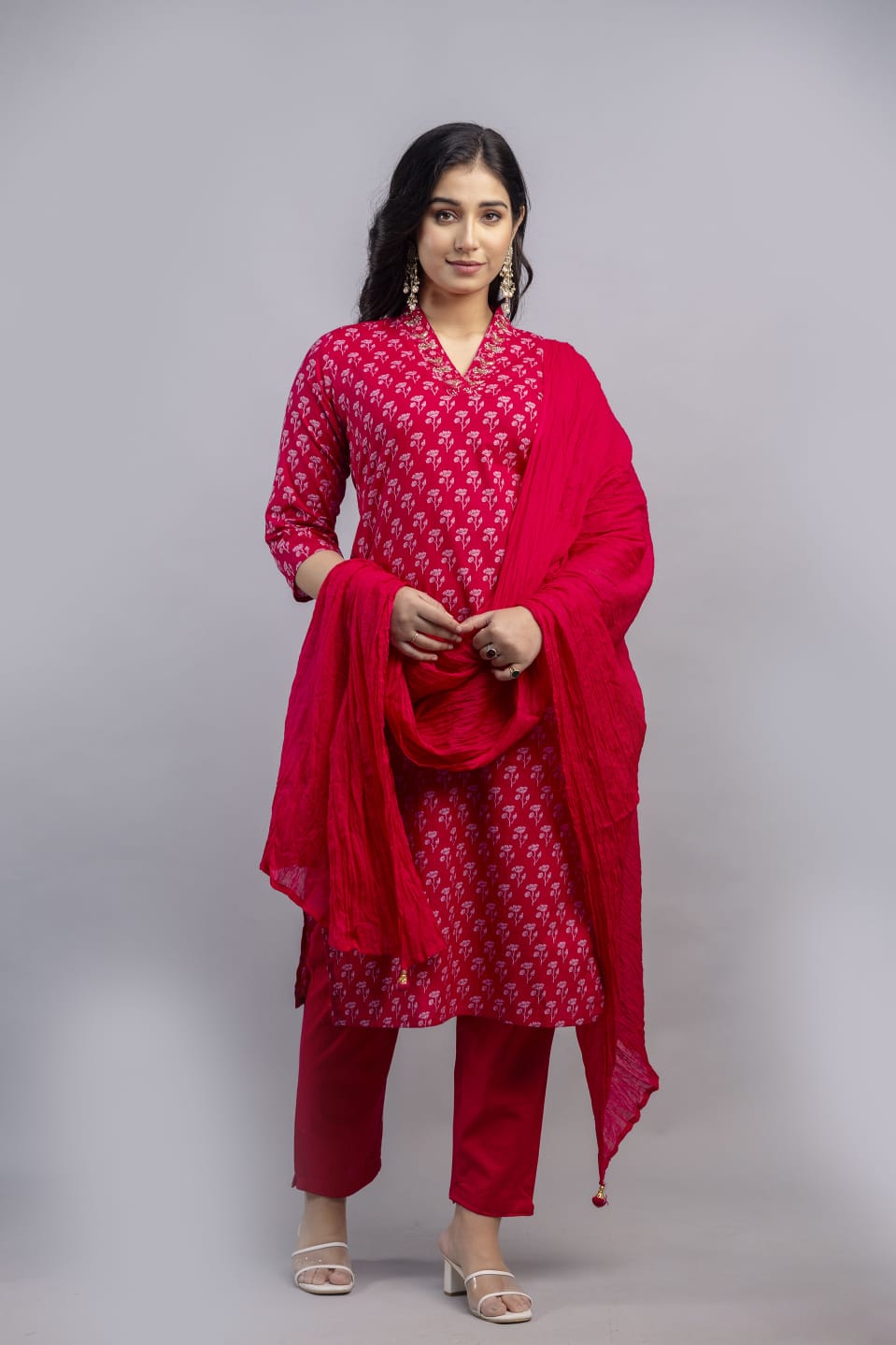 Elegant Red Sanganeri Handblock Printed Cotton Kurta Set with Dupatta