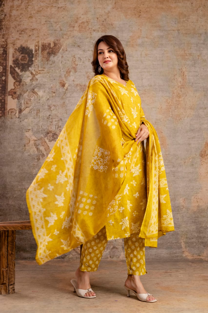 Indigo Blue Pure Cotton Suit Set with White Block Print & Dupatta