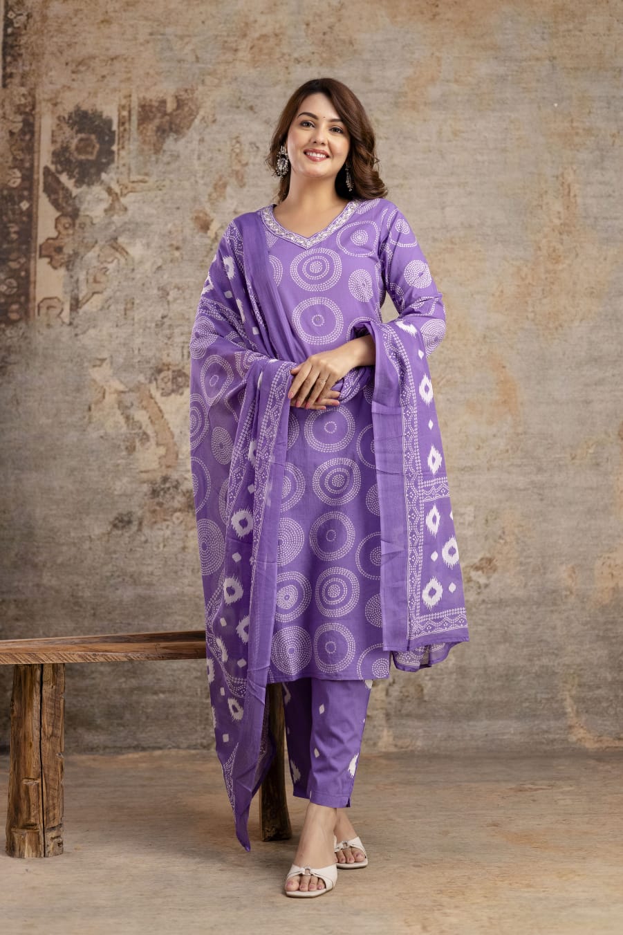 Purple Pure Cotton Suit Set with White Shibori Print