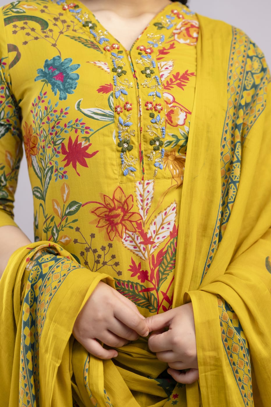 Mustard Yellow Floral Printed Cotton Kurta Set with Dupatta