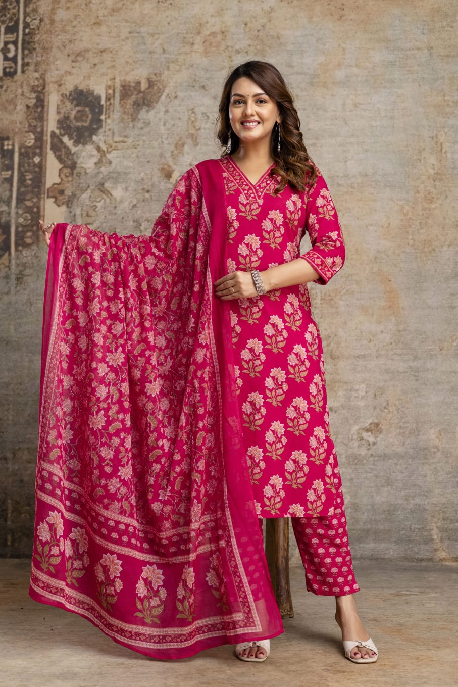 Women's Pink Sanganeri Handblock Cotton Suit Set with Printed Dupatta