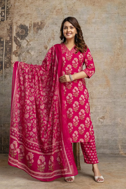 Women's Pink Sanganeri Handblock Cotton Suit Set with Printed Dupatta