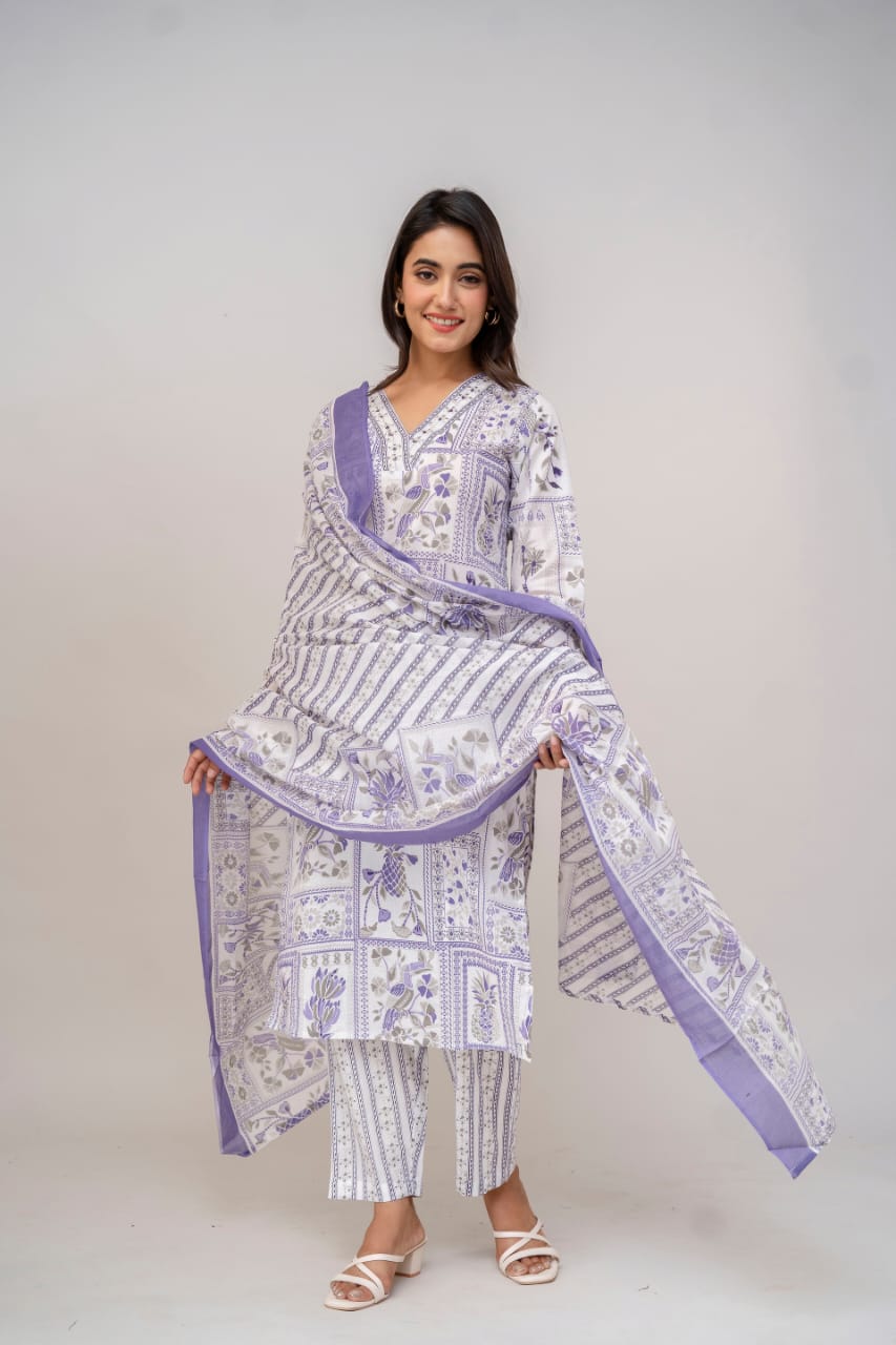 Muted Pink & White Hand-Block Printed Cotton Suit Set with Dupatta