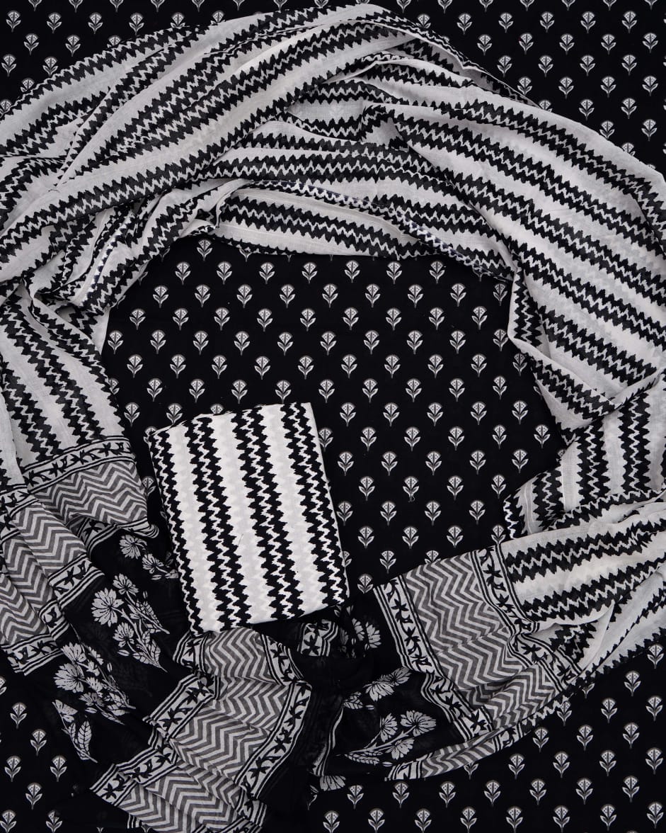 Elegant Black & White Handblock Printed Cotton Suit Set