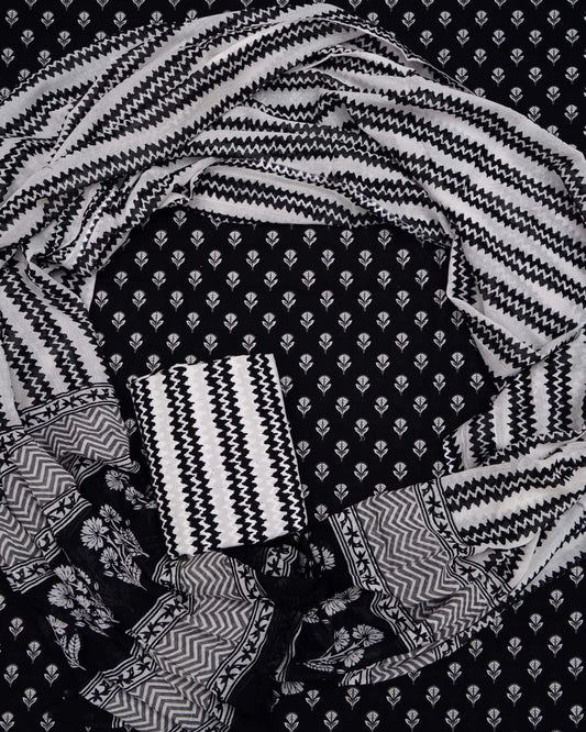 Elegant Black & White Handblock Printed Cotton Suit Set