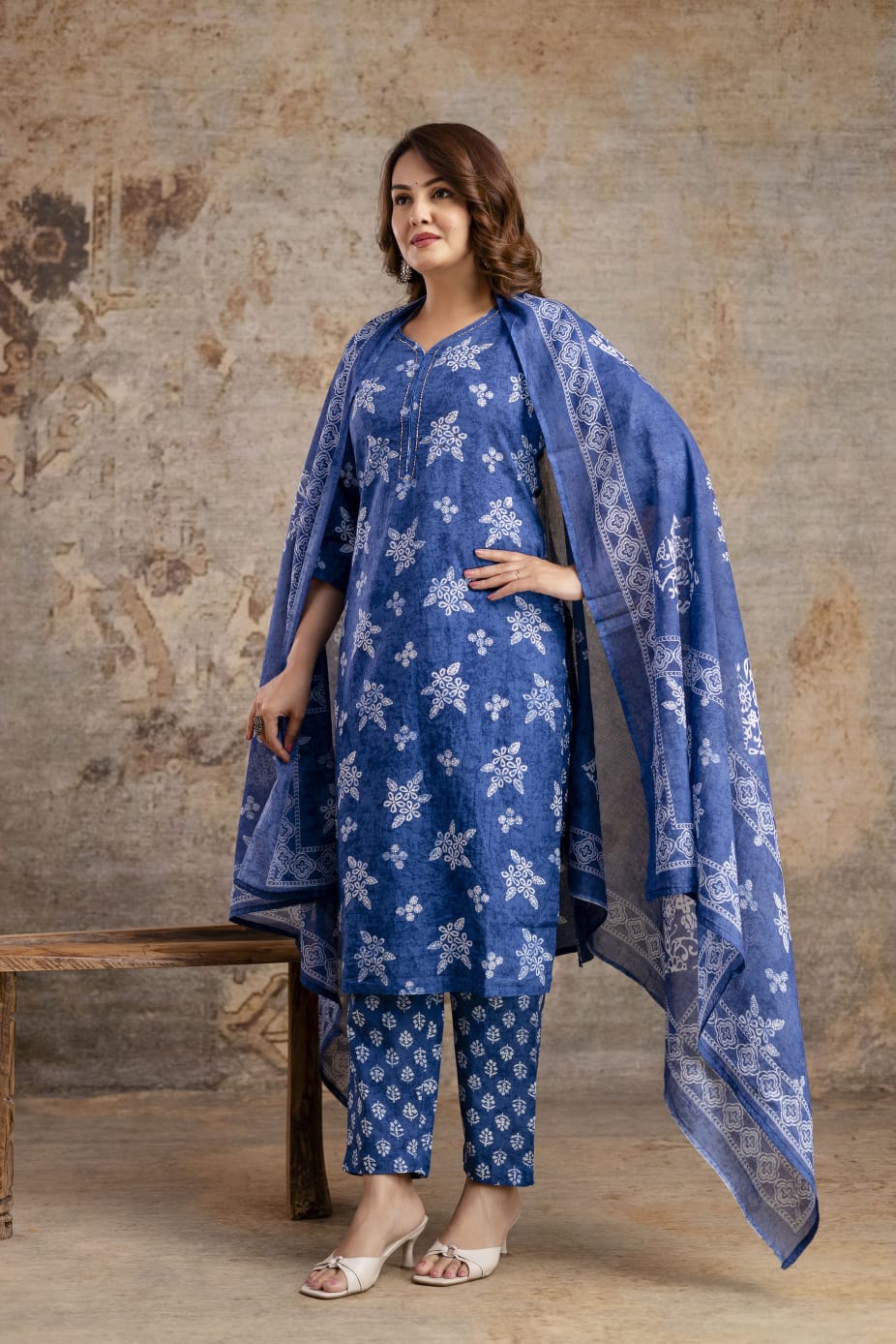 Indigo Blue Pure Cotton Suit Set with White Block Print & Dupatta