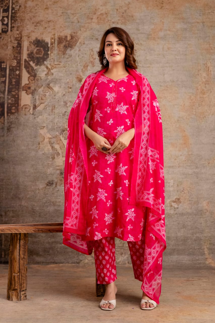 Indigo Blue Pure Cotton Suit Set with White Block Print & Dupatta