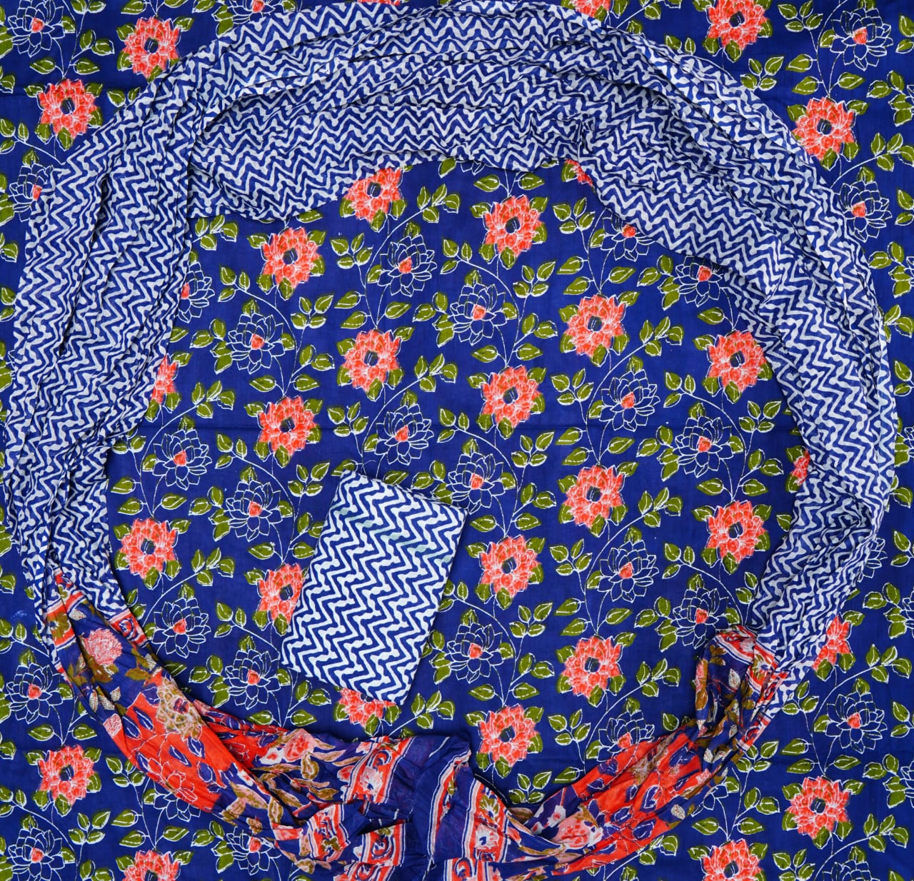 Sanganeri Floral Printed Cotton Suit Set | Jaipur Hand Block Unstitched Dress Material for Women | with Mal-Mal Cotton Dupatta