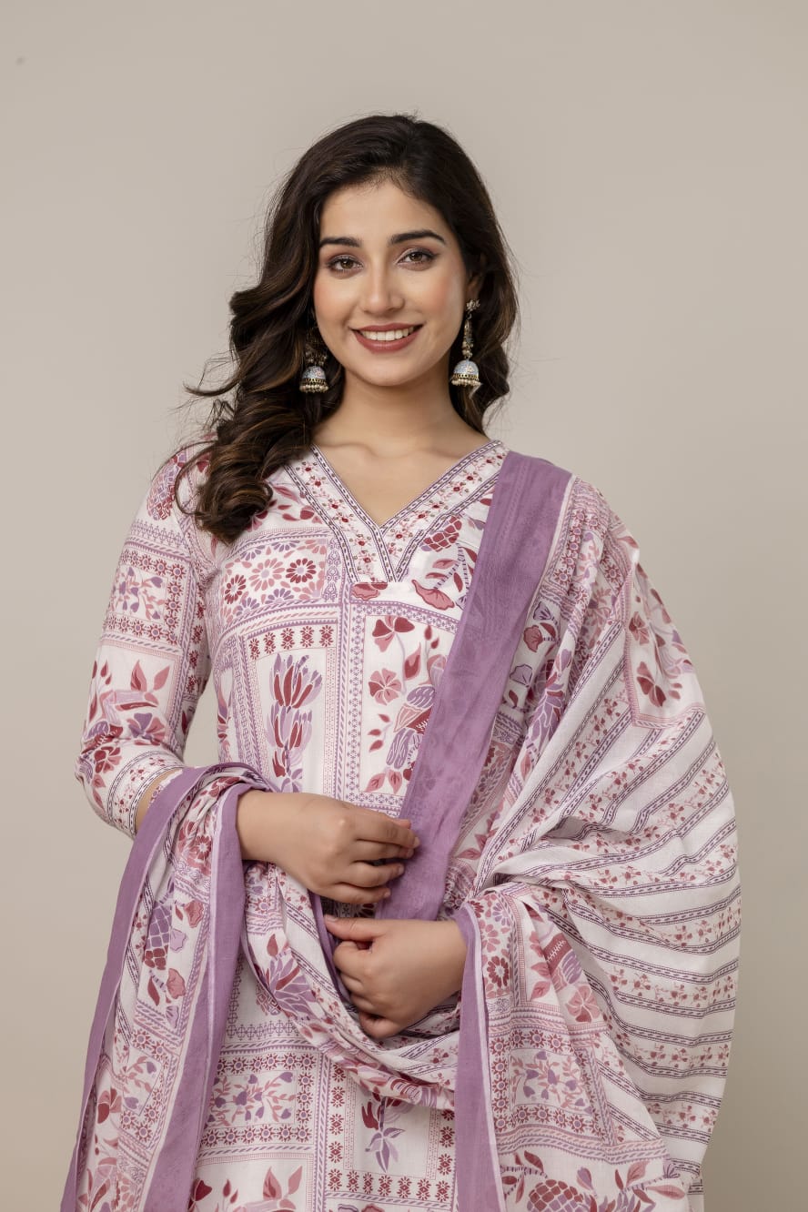 Muted Pink & White Hand-Block Printed Cotton Suit Set with Dupatta