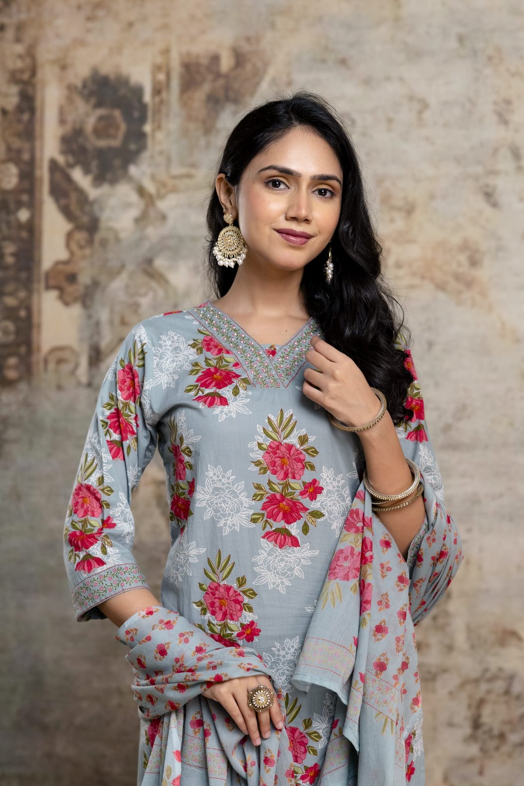 Beige Pure Cotton Suit Set with Pink Floral Block Print
